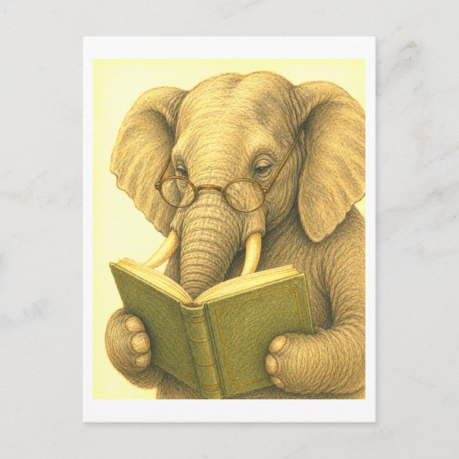 Vintage-Style Elephant Reading Postcard (Front)