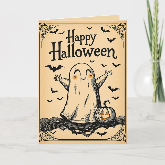 Vintage style engraved halloween cute ghost card (Front)
