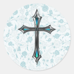 Vintage Style Faith Cross in Blue Classic Round Sticker