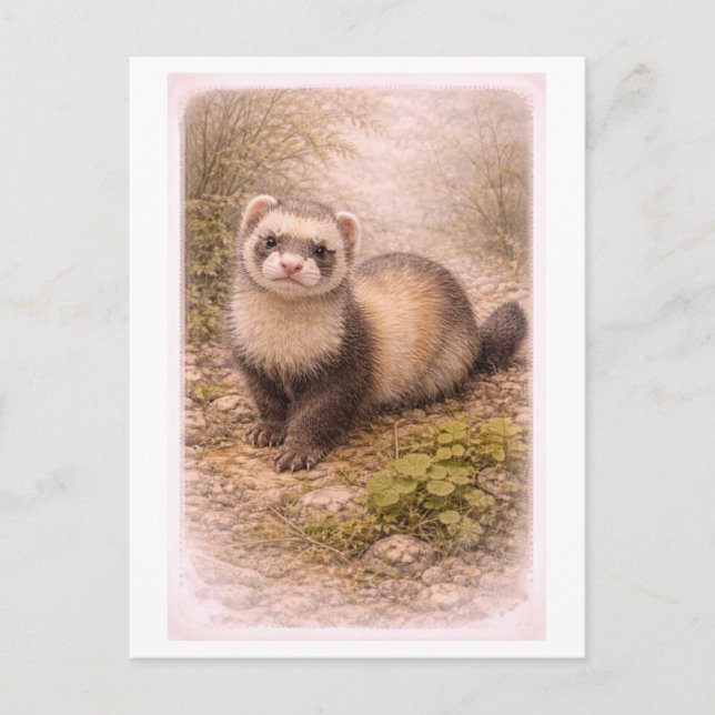 Vintage-Style Ferret Illustration Postcard (Front)