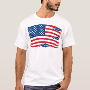 Vintage Style Fishing American Flag Red Blue T-Shirt