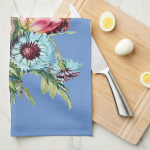 Vintage Style Floral Bouquet on Blue Kitchen Towel
