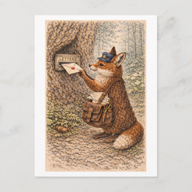 Vintage-Style Fox as Mailman Illustration Postcard (Front)