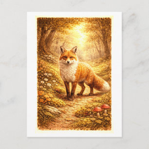 Vintage-Style Fox in Forest Illustration Postcard