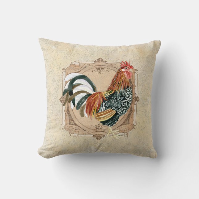 Vintage Style French Country Rustic Barn Rooster Cushion (Front)
