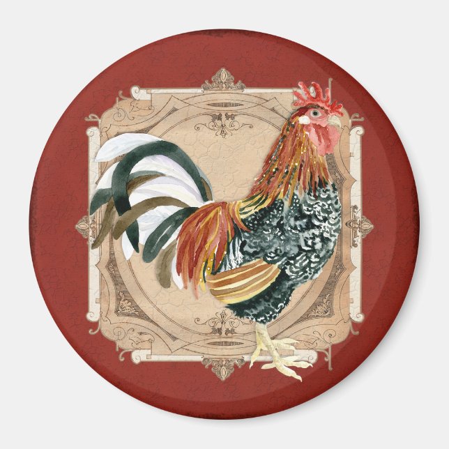 Vintage Style French Country Rustic Barn Rooster Magnet (Front)