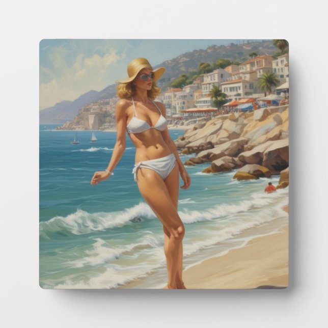 Vintage Style French Riviera Travel Beach Girl Plaque (Front)