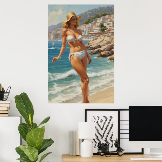 Vintage Style French Riviera Travel Beach Girl Poster (Home Office)