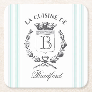 Vintage Style French Sack Custom Name and Monogram Square Paper Coaster