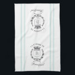 Vintage Style French Sack Custom Name and Monogram Tea Towel<br><div class="desc">Vintage French etched graphics and soft mint blue ticking tape stripes are the perfect addition to your French country kitchen decor on this waffle knit custom towel. Don't forget the finishing touch of personalisation with your monogram and family name.</div>