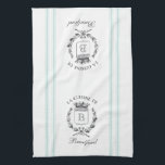 Vintage Style French Sack Custom Name and Monogram Tea Towel<br><div class="desc">Vintage French etched graphics and soft mint blue ticking tape stripes are the perfect addition to your French country kitchen decor on this waffle knit custom towel. Don't forget the finishing touch of personalisation with your monogram and family name.</div>