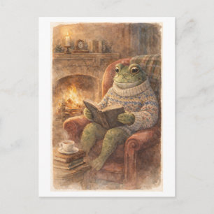 Vintage-Style Frog Reading by the Fireside Postcard