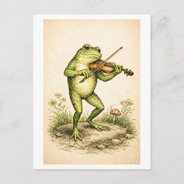 Vintage-Style Frog with Violin Illustration Postcard (Front)