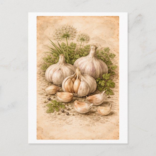 Vintage-Style Garlic Botanical Illustration Postcard (Front)