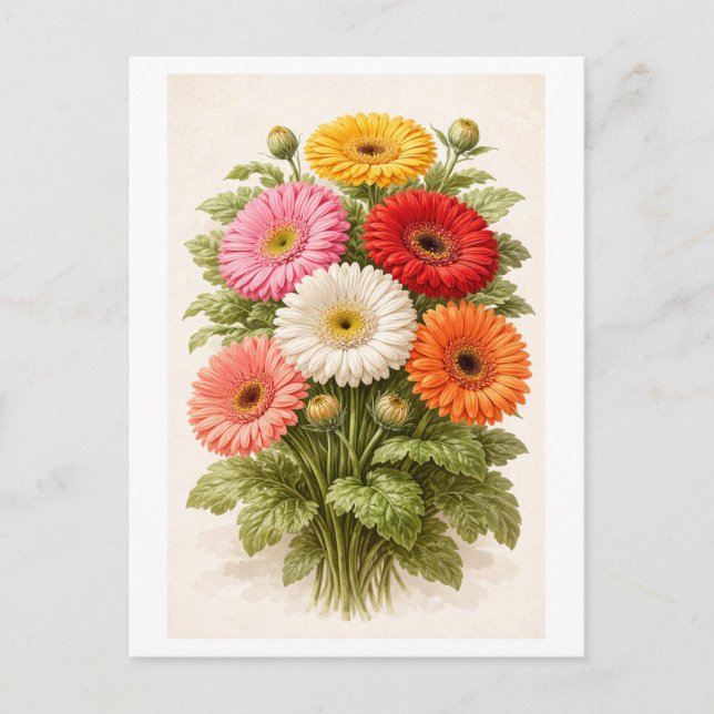 Vintage-Style Gerber Daisy Bouquet Drawing Postcard (Front)