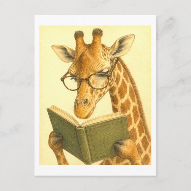 Vintage-Style Giraffe Reading Postcard (Front)