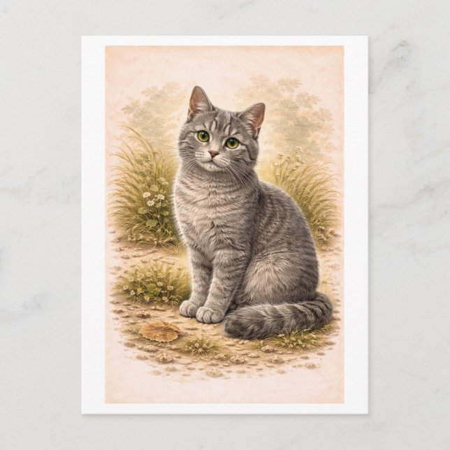 Vintage-Style Gray Cat Illustration Postcard (Front)