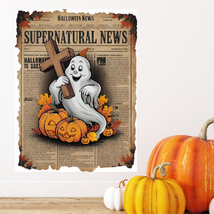 Vintage Style Halloween Newspaper Cross Ghost Poster