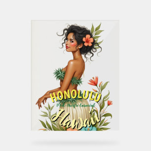 Vintage Style Hawaii Travel Honolulu Hula Girl Acrylic Sign