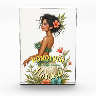 Vintage Style Hawaii Travel Honolulu Hula Girl Photo Block