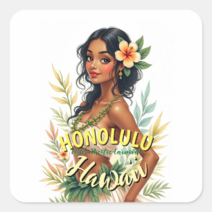 Vintage Style Hawaii Travel Honolulu Hula Girl Square Sticker
