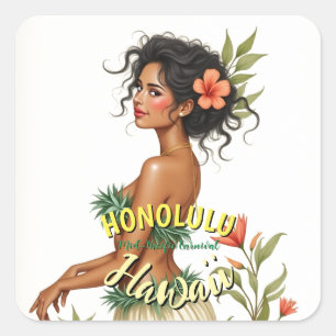 Vintage Style Hawaii Travel Honolulu Hula Girl Square Sticker