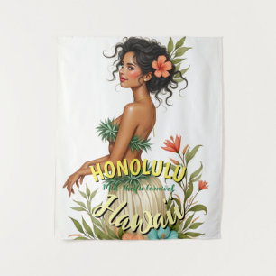 Vintage Style Hawaii Travel Honolulu Hula Girl Tapestry
