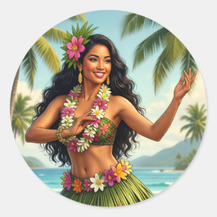 Vintage Style Hawaiian Hula Girl Travel Classic Round Sticker