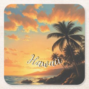 Vintage Style Hawaiian Travel Coast Sea Sunset Square Paper Coaster