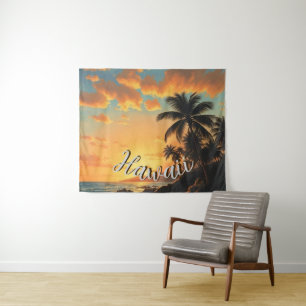 Vintage Style Hawaiian Travel Coast Sea Sunset Tapestry