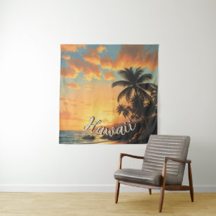 Vintage Style Hawaiian Travel Coast Sea Sunset Tapestry