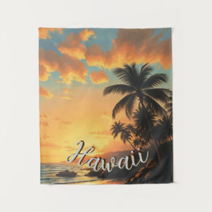 Vintage Style Hawaiian Travel Coast Sea Sunset Tapestry