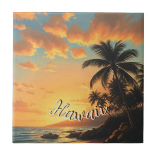 Vintage Style Hawaiian Travel Coast Sea Sunset Tile