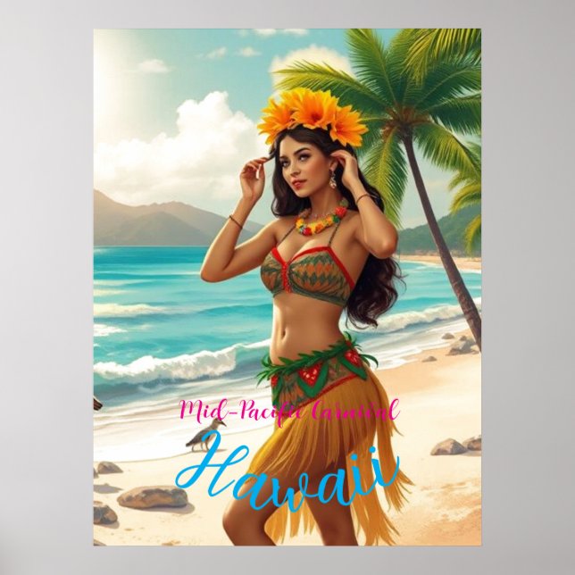 Vintage Style Hawaiian Travel Honolulu Hula Girl Poster (Front)
