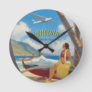 Vintage Style Hawaiian Travel Honolulu Hula Girl Round Clock
