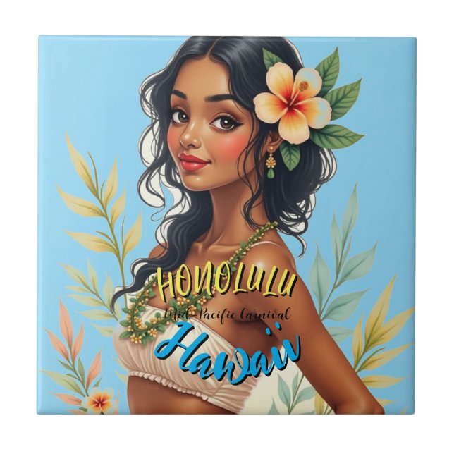 Vintage Style Hawaiian Travel Honolulu Hula Girl Tile (Front)