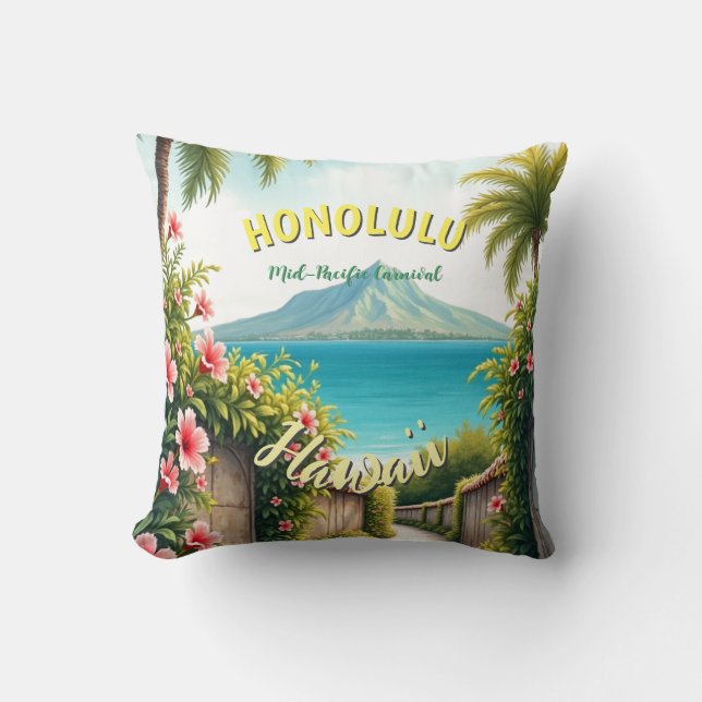 Vintage Style Hawaiian Travel Honolulu Mid-Pacific Cushion (Front)