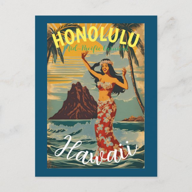 Vintage Style Hawaiian Travel Honolulu Mid-Pacific Postcard (Front)