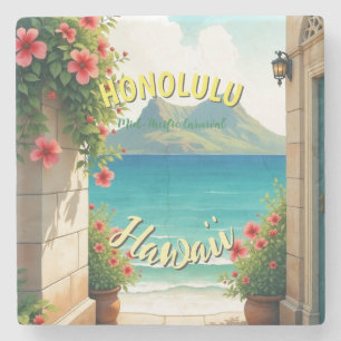 Vintage Style Hawaiian Travel Honolulu Mid-Pacific Stone Coaster