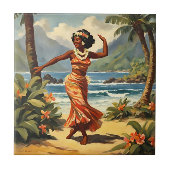Vintage Style Hawaiian Travel Hula Girl Dancing Tile (Front)