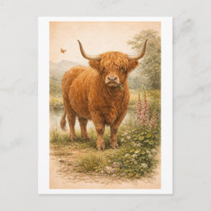 Vintage-Style Highland Cow Illustration Postcard