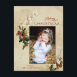 Vintage Style Holly Merry Christmas Photo Postcard<br><div class="desc">Elegant and unique design featuring vintage-style clusters of holly and ivy surrounding a portrait-orientated photo template on gold artisan background with red "Merry Christmas" greeting in custom font with editable text fields. Back features optional photo and verse on complementary gold background.</div>