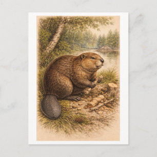 Vintage-Style Illustration of Beaver Postcard