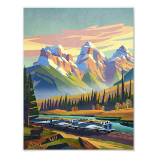 Vintage style image of train traveling in mountain photo print