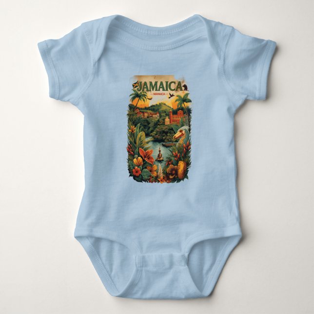 Vintage Style Jamaica Travel Illustration Baby Bodysuit (Front)