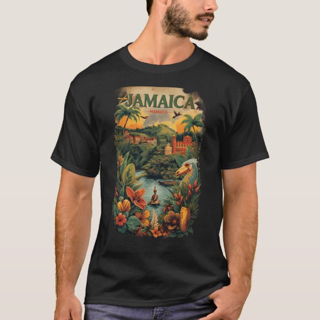 Vintage Style Jamaica Travel Illustration T-Shirt (Front)