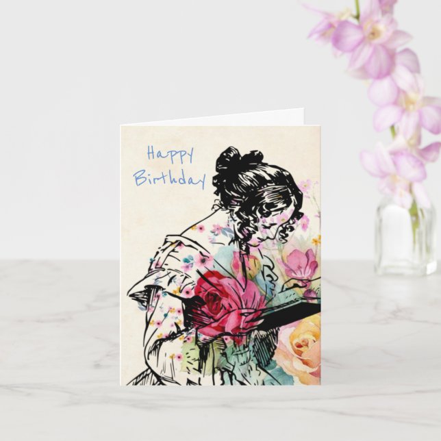Vintage style Lady reading Book Birthday  Card (Orchid)