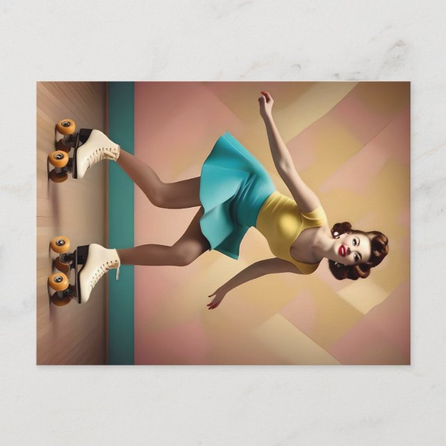 Vintage Style Lady Roller Skating Backwards, Postcard (Front)