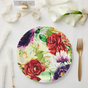 Vintage Style Large Watercolor Flowers Paper Plate