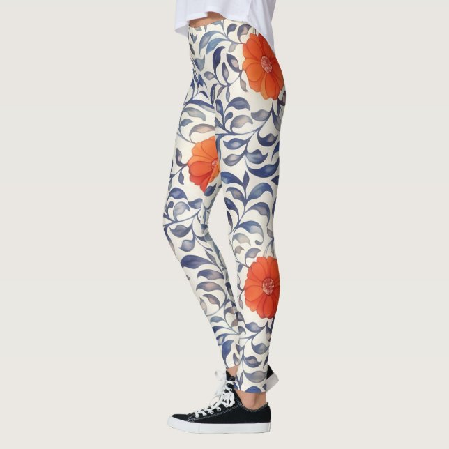 Vintage Style Leaf Orange Flower Leggings (Left)